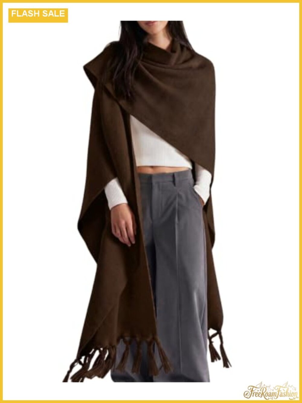 Wool Blend Open Front Poncho Wrap Tassel Fringe One Size Travel Cape